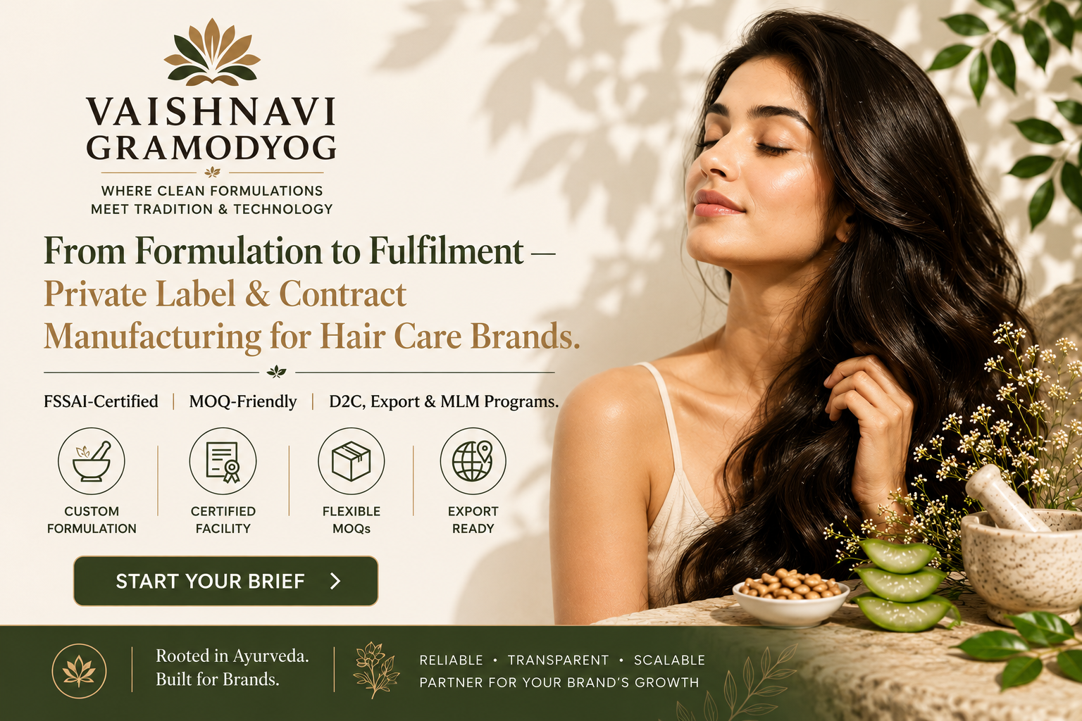 Vaishnavi Gramodyog — private label and contract manufacturing for hair care brands, FSSAI-certified, MOQ-friendly, export ready