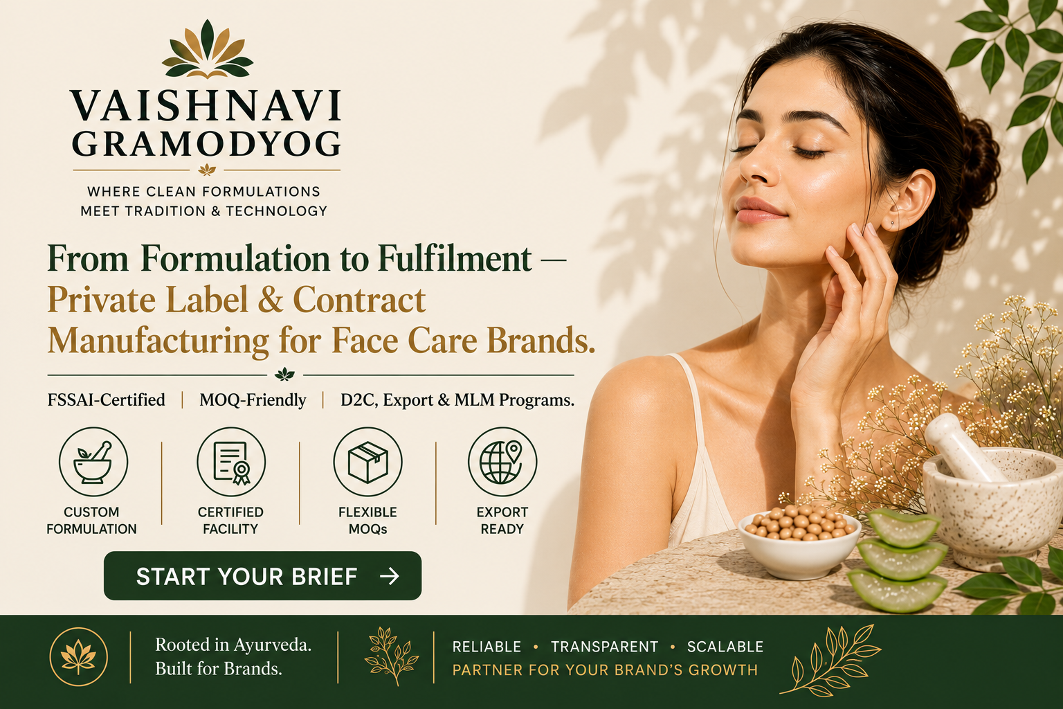 Vaishnavi Gramodyog — private label and contract manufacturing for face care brands, FSSAI-certified, MOQ-friendly, export ready