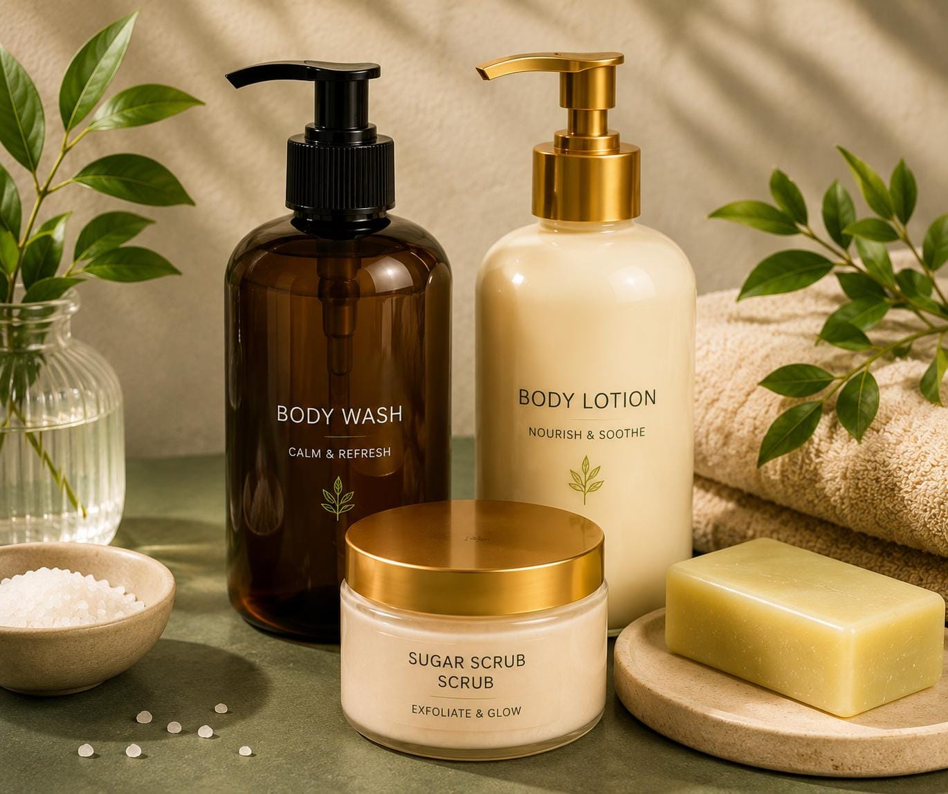 Body care contract manufacturing — finished body wash, lotion and balm lineup